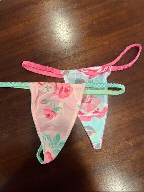Floral Bikini Thong Panties in Pink & Mint